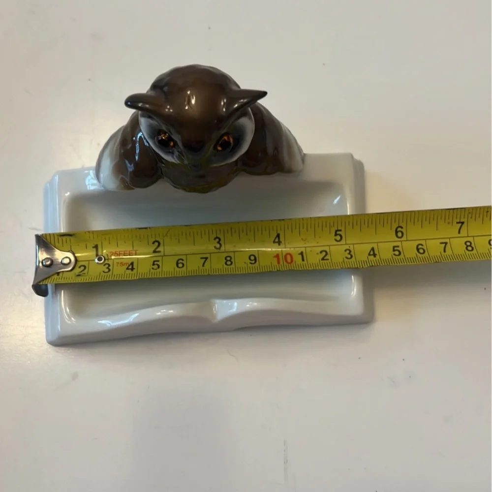 Hand Painted Figurine Porcelain Owl on Book Ring Tray, Germany